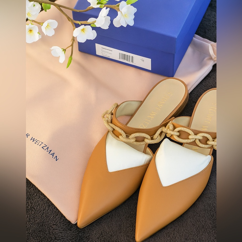 Stuart Weitzman Tan crystal Chain strap Accent Mules size 8M (New!)